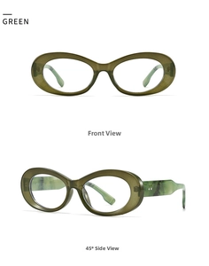 Front and 45-degree side view of vintage oval olive green eyewear frames