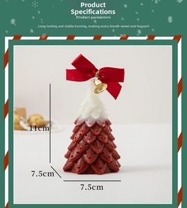 Detail of red and white Christmas tree candle with ribbon and bell, 11cm height