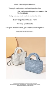 Detail of hand-woven bucket bag featuring premium leather texture and metal chain strap