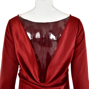 Detailed back view of a red satin gown showing the elegant backless cowl neckline draping