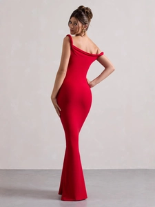 Elegant red off-shoulder slim fit backless evening gown with a fishtail silhouette