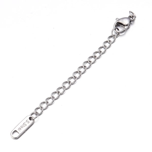 Detailed view of stainless steel extension chain with lobster clasp and S.Steel tag