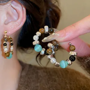Retro Bohemian Bead Hoop Earrings With Tiger Eye Cat Eye Imitation Artificial Pearl And 925 Sterling Silver Earring Post For Women
