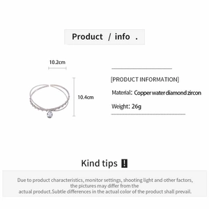 Detail view showing dimensions of a silver-tone multi-layer zircon wrap bracelet