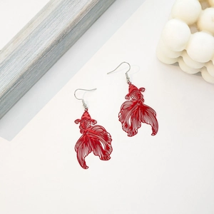 Retro hollow red goldfish drop earrings with traditional Chinese creative style