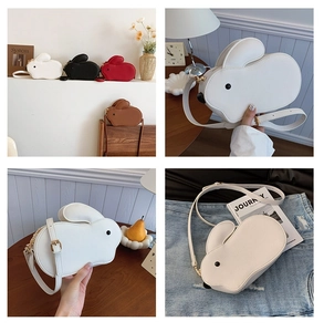 Détails des sacs bandoulière en forme de lapin en blanc, noir, rouge et marron