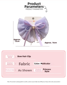 Detail of purple chiffon bow hair clip with pearl chain and metal heart center decoration