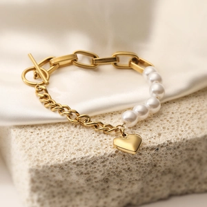 Vintage 18K gold plated stainless steel heart pendant bracelet with white pearls