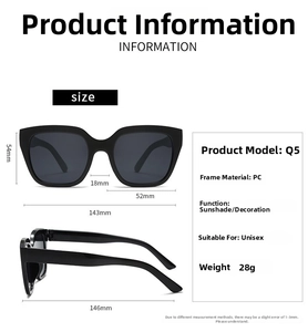 Size specifications for Q5 pink sunglasses showing lens width and frame dimensions