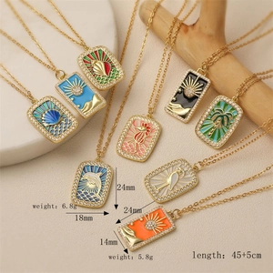 Detailed view of gold tarot necklaces with colorful enamel pendants and size dimensions