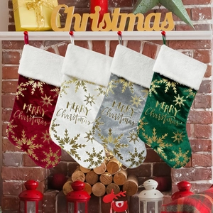 Chaussettes De Noël Velours Marquage À Chaud Doré Flocon De Neige Sapin De Noël Revers Fausse Fourrure Ornements À Suspendre
