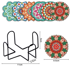 Detailed dimensions of mandala diamond painting coasters with black metal storage holder