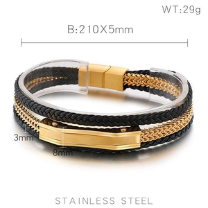 Detail view of multi-layer black braided leather bracelet with golden stainless steel clasp