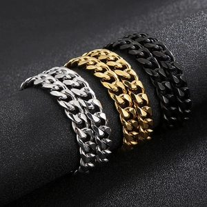 Polished 10mm hip hop cuban link bracelets in silver, gold, and black stainless steel