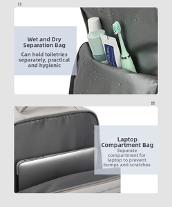 Detail view of water-resistant wet-dry separation pocket and laptop compartment in grey backpack