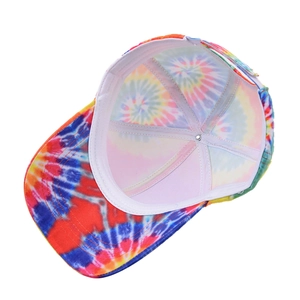 Inside view of colorful tie-dye baseball cap showing interior structure and stitching