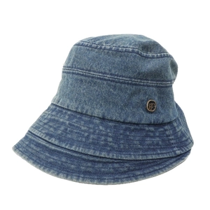 Retro washed denim bucket hat with metallic logo button in mid-blue vintage style