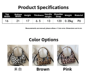 Detailed size chart and multi-color leopard print PU leather satchel handbag display