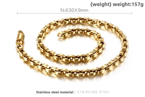 Macro shot of 9mm wide golden stainless steel chain necklace with technical specs