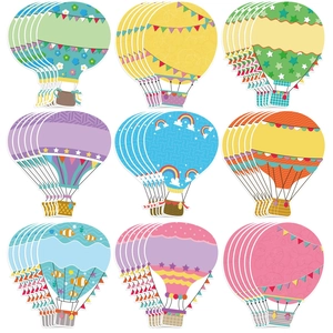 Colorful hot air balloon paper cutouts in nine unique patterns for classroom bulletin boards