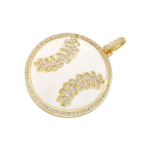 Golden round baseball pendant with white enamel and sparkling zircon stitching detail
