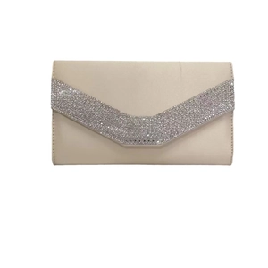 Elegant champagne satin evening clutch bag with V-shaped rhinestone trim decoration