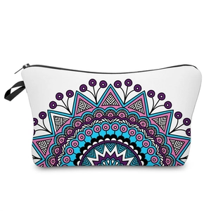 Mandala pattern travel makeup bag with durable black zipper and convenient handle