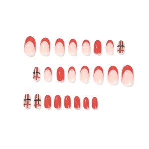 Short red and green plaid press-on nails set with classic French tip design