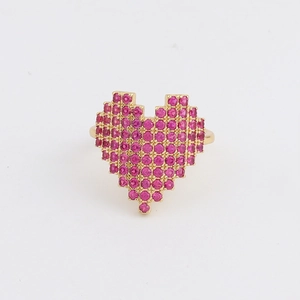 Fashionable 18K gold plated adjustable open heart ring with sparkling pink stones