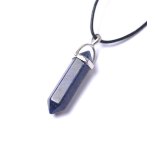 Detail of natural Lapis Lazuli hexagonal pillar pendant with black cord and silver clasp