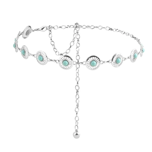 Bohemian silver metal waist chain featuring vintage turquoise inlays and round openwork
