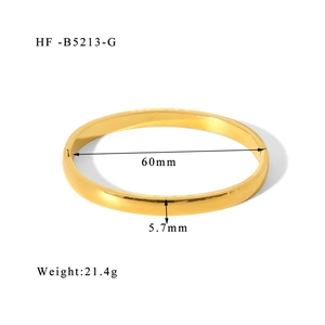Detailed specs of the 18K gold plated titanium bangle with 60mm diameter and 5.7mm width