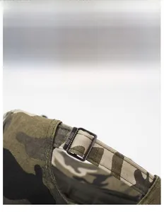 Macro detail of camouflage baseball cap with adjustable metal buckle on the back