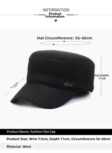Dimensions détaillées du chapeau plat en laine noire avec bord de 7,5cm et profondeur