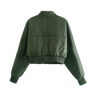 Rear view of a military green bomber jacket with ribbed cuffs and hem on white backdrop