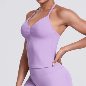 Detail of lavender seamless yoga set with thin strap sports bra and high waist leggings