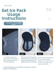 Detailed instruction showing the adjustable eye mask with removable cooling gel pack insert