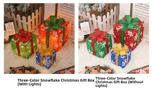 Detailed comparison of glowing LED Christmas gift boxes with snowflakes and ribbon bows