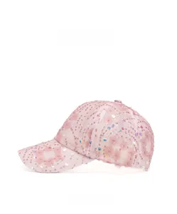 Detail view of pink mesh baseball cap with floral embroidery and sequins