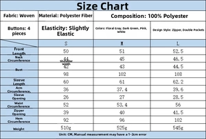 Tableau détaillé des tailles pour veste zippée femme avec mesures en centimètres