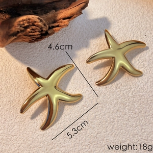 Polished 18k gold plated stainless steel starfish drop earrings for women, 5cm size