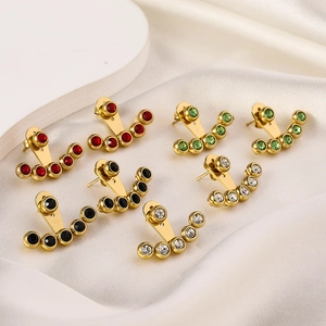 Luxury split-style stainless steel fan earrings with colorful gemstones in gold finish