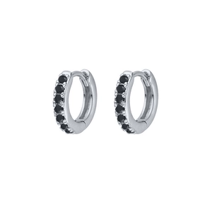 Macro detail of S925 sterling silver hoop earrings with pave-set black zircons