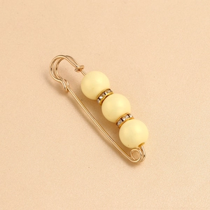 Pastel macaron color safety pin brooch with cream yellow beads and rhinestones