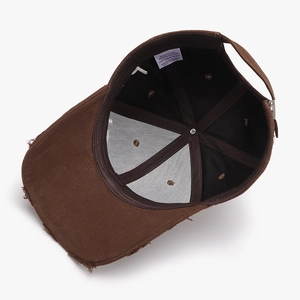 Deep brown vintage washed baseball cap with side embroidery and distressed brim detail