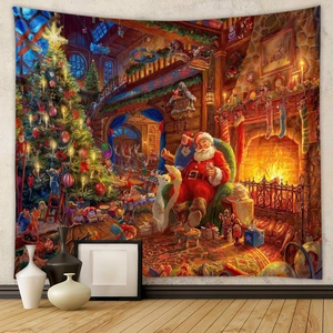 Klassischer Weihnachts-Wandteppich mit dem Weihnachtsmann am Kamin und festlichem Baum