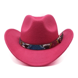 Detail of rose pink wool cowboy hat featuring a snakeskin leather band with gold buckle
