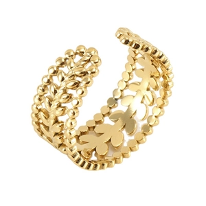 Golden wheat leaf open ring in stainless steel with hollow design and beaded edges