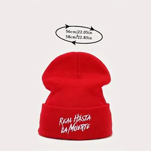 Red knit beanie with Real Hasta La Muerte embroidery and detailed size measurement chart