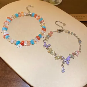 Colorful zircon butterfly charm bracelet with enamel flower and mixed gemstone beads for women